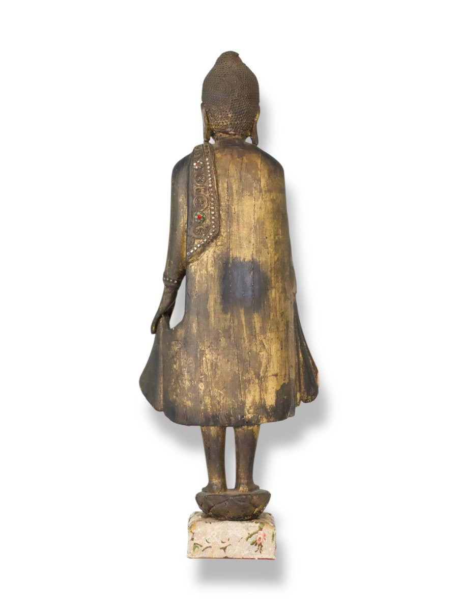 Figura di Buddha Stante su Fiore di Loto in Legno - Thailandia XIX Secolo-photo-4